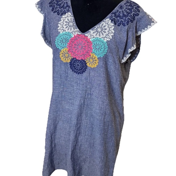 THML Anthropologie Chambray Dress Embroidered Denim Boho Western Prairie Linen M - Picture 1 of 5